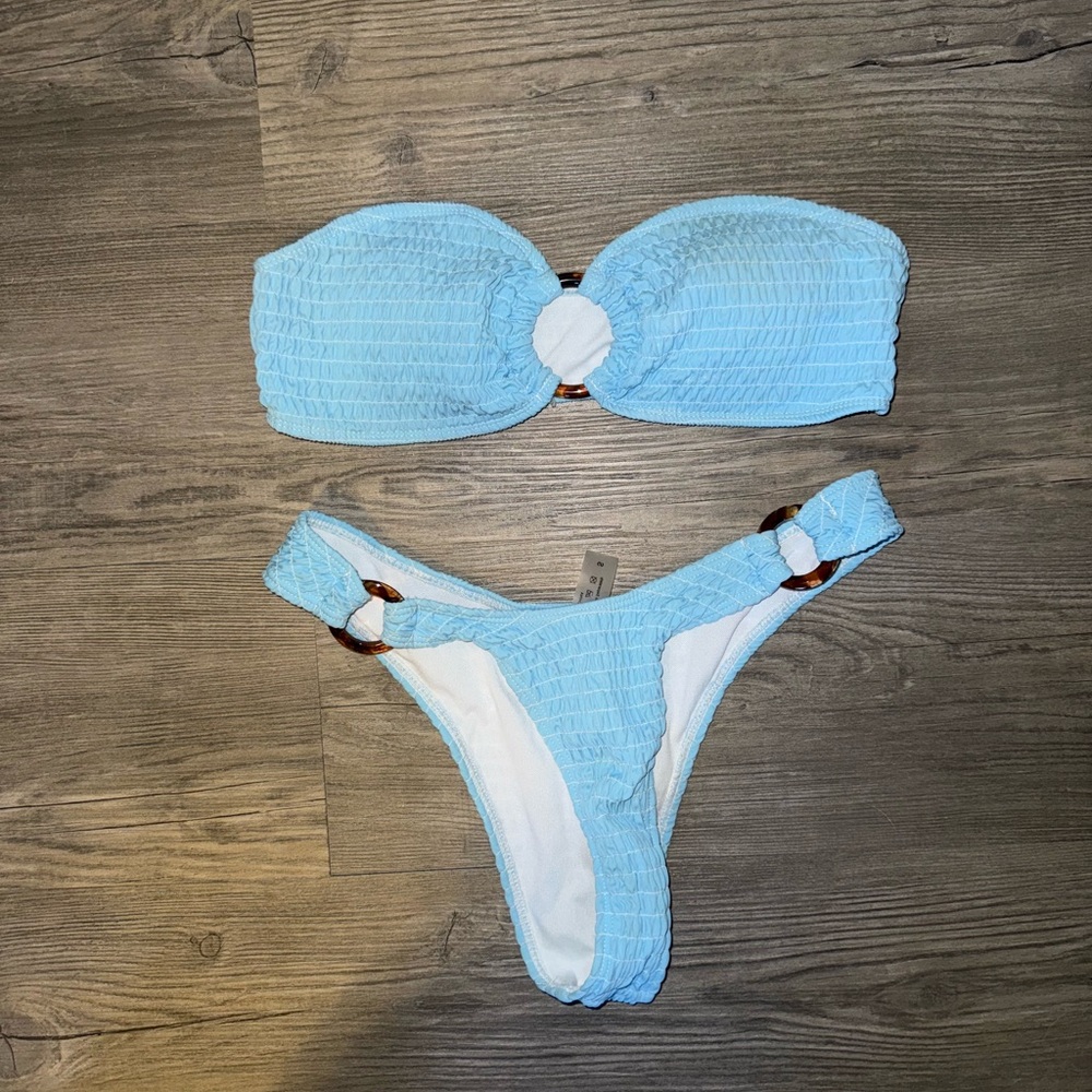 SHEIN Sky Blue Textured Bikini with Ring Detail